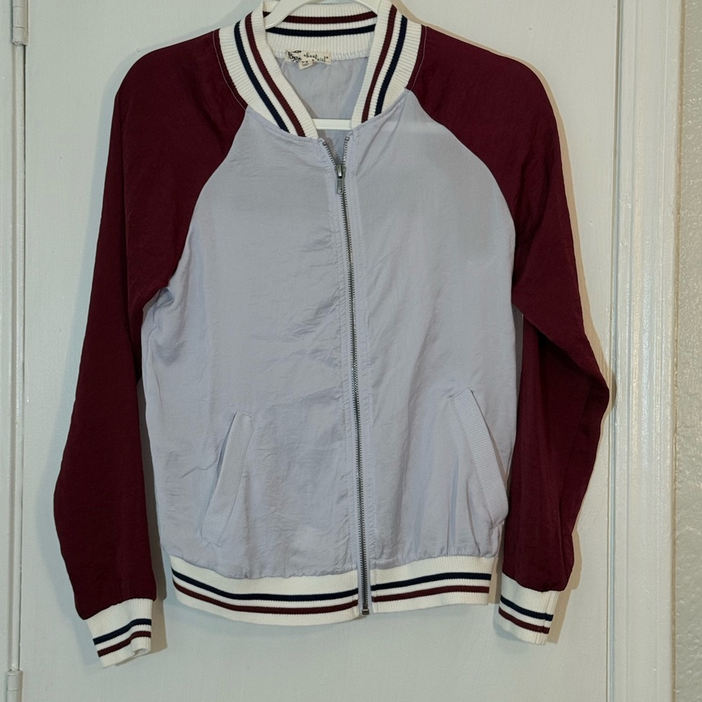 About A Girl Burgundy and Cream Light Bomber Jacket Size XS